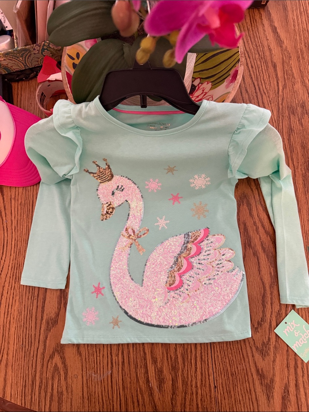 Cynthia Rowley Mint Girls' Long-Sleeve Swan Sequin Top size 7-8